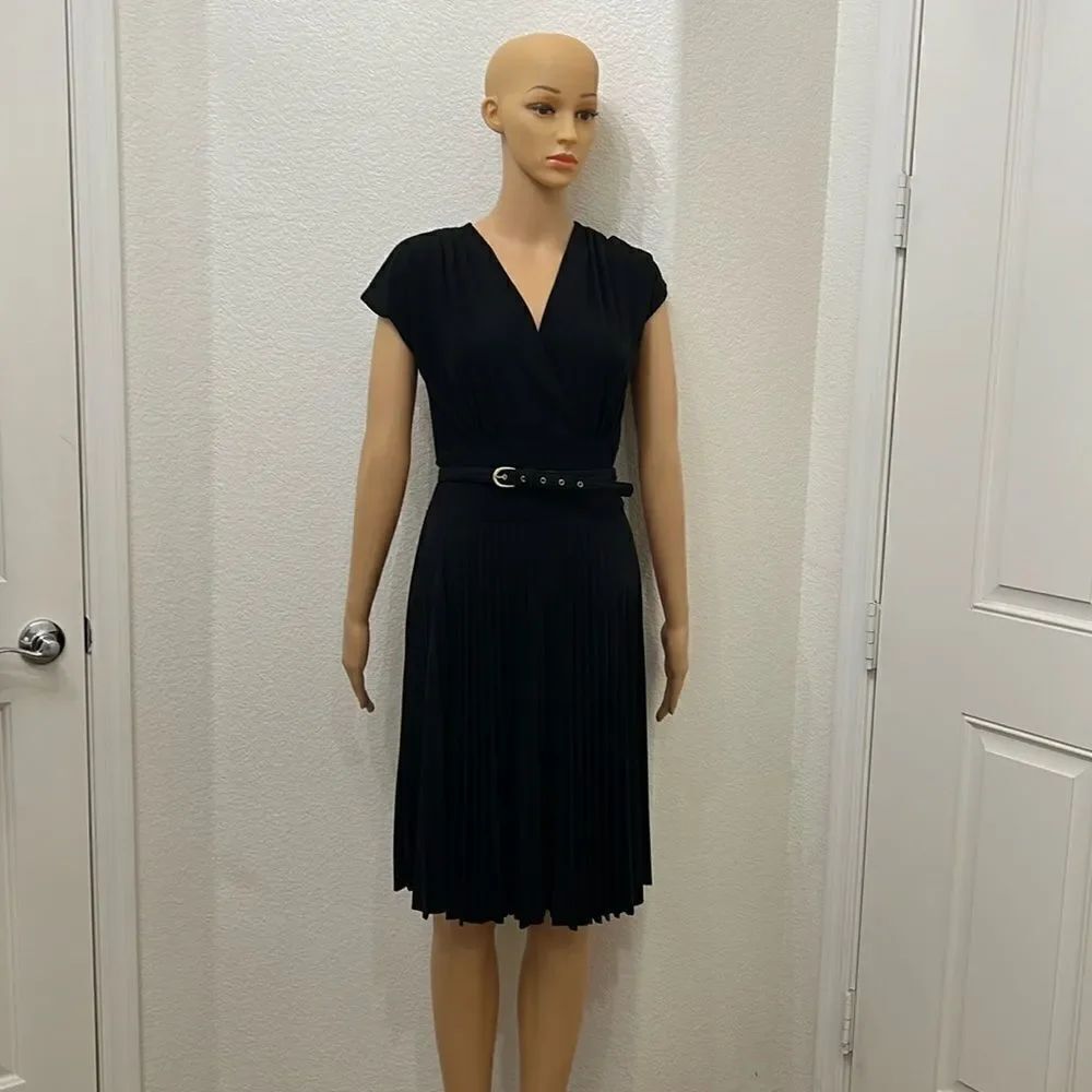 Alfani Woman Dress Sz Small Black V Neck Cap Sleeve Pleated Belted Midi Slimming